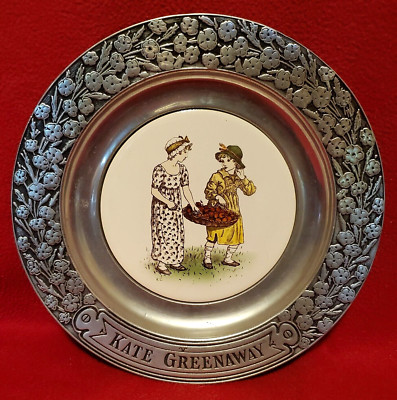 Vintage 1973 Kate Greenway Pewter & Porcelain Collector Plate, Collecting Apples
