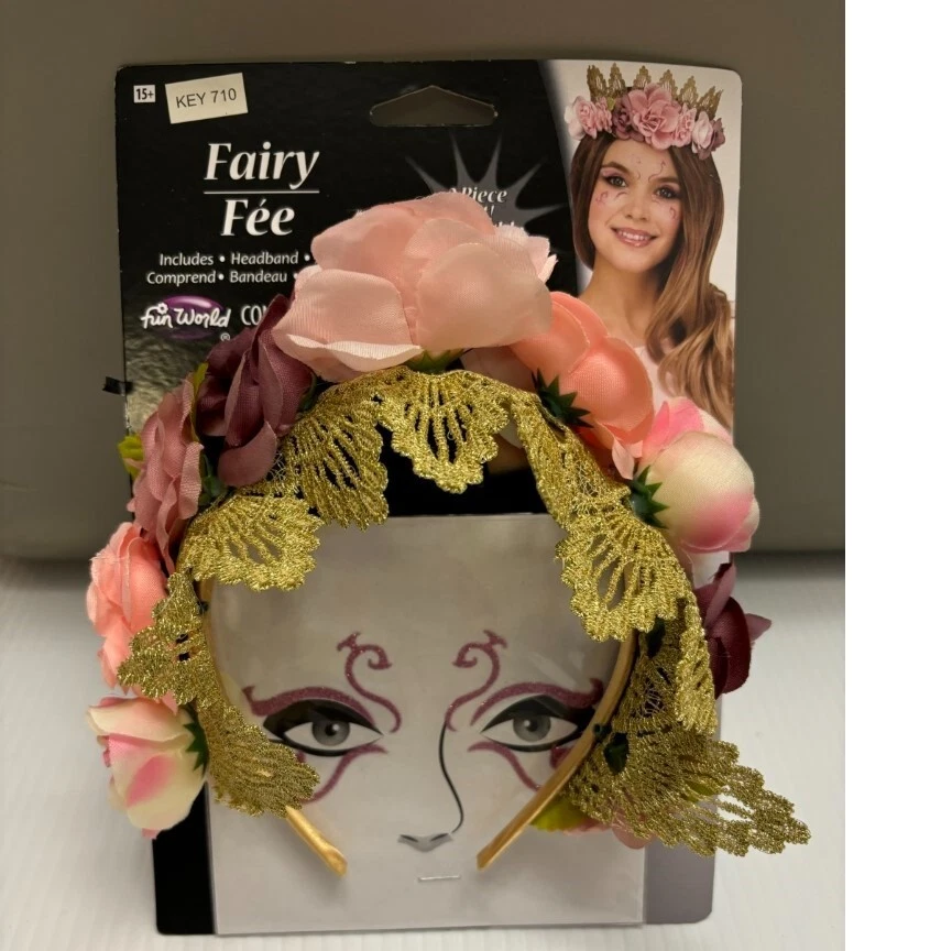 Diadema corona dorada flor rosa hada y tatuajes faciales 2 piezas accesorio de Halloween Foto 2 de 3