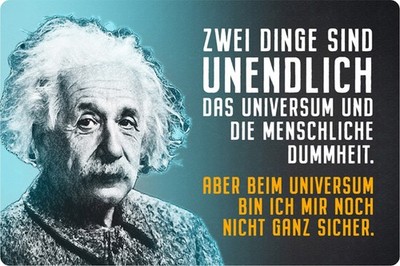 Schild Spruch ''unendlich, Universum Dummheit'' Einstein blau 20x30 cm Blechschild