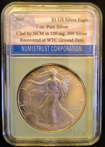 2001 1oz Pure Silver Recovered At WTC Ground Zero Edge Toning In Capsule BU Coin
