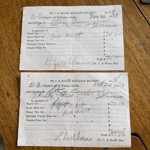 1939 Pi Kappa Alpha House Manager Receipt
