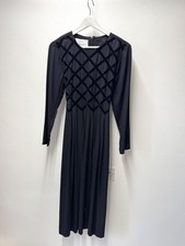 Vintage 80s Black Long Sleeve Midi Dress Velvet Lattice Bodice