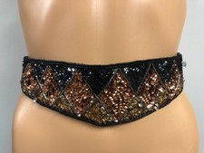 VTG 80  s Cummerbund-Style Stretch Belt Sequins  Beads Copper Black Silver Gray