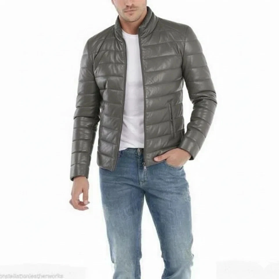 Chaqueta acolchada hecha a mano motociclista motocicleta elegante informal piel de cordero cuero para hombre Foto 3 de 4