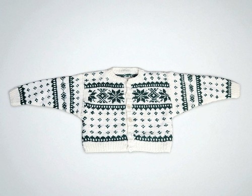 Handmade Nordic Cardigan Sweater Youth Kids 10 Snowflake Ivory Green Button Up - Picture 6 of 7