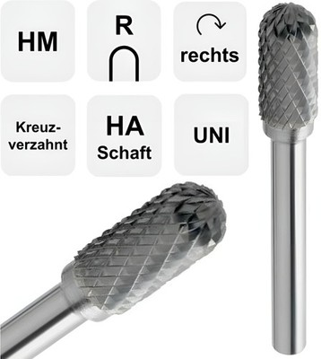 VHM-Frässtift Walzenrundform, HM Rotierfräser Kreuzverzahnt 45 HRC Schaft 6 mm