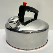 Vintage Stainless Steel Copper Bottom Whistling Tea Kettle Low Profile Clean USA