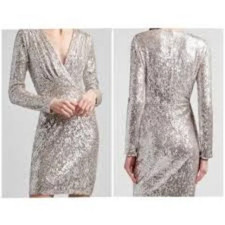 Express  Silver Deco Sequins Mesh Deep V Long Sleeve Party Dress Sz Medium