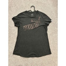Puma Womens Graphic Tee Dark Heather Grey Rose Gold Foil Logo Shirt Size Large