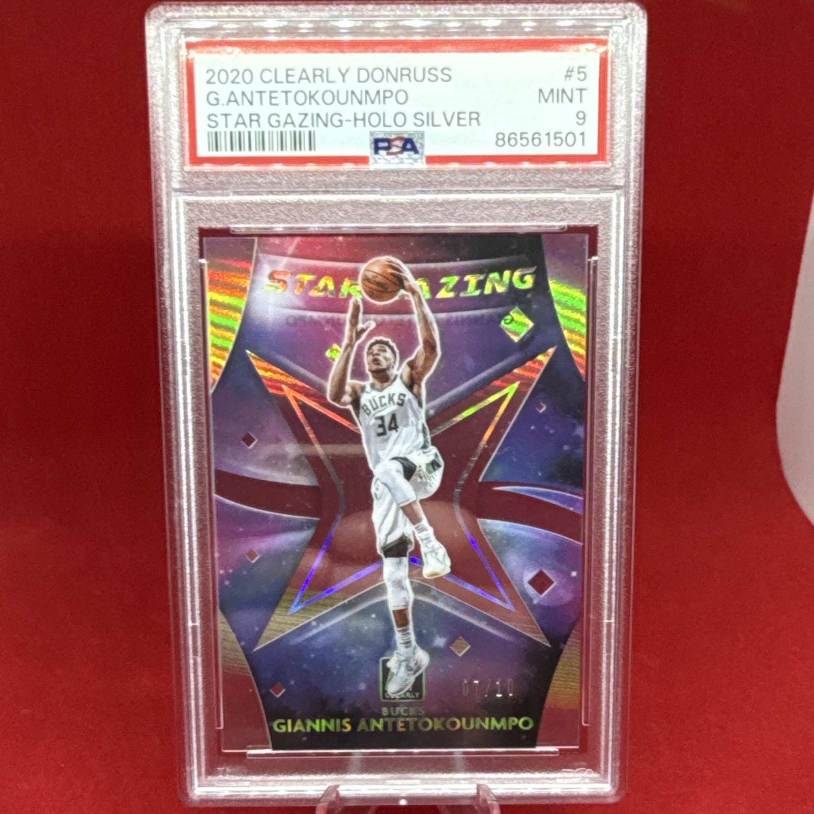 2020 Donruss Clearly Giannis Antetokounmpo Star Gazing Holo Silver /10 PSA 9