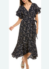 Max studio blue floral flutter sleeve wrap dress size small