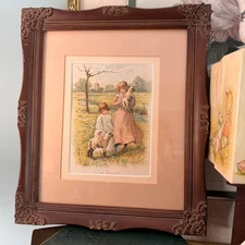 Antique 1889 Chromolithograph "In The Meadows" Framed Under Glass