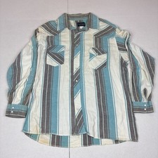 Vintage Wrangler Flannel 2XL Big Man Blue White Gray Long Sleeve Pearl Snap