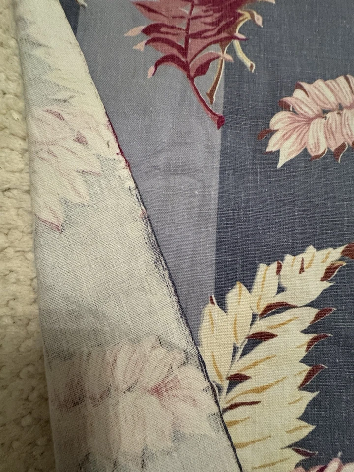 Vtg Mid Century Tropical Barkcloth Fabric Panel 35x84 Blue Pink Leaves Stripe - Image 4 of 4