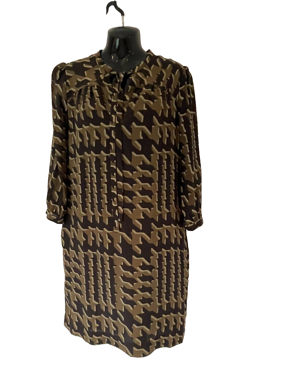 BURBERRY BRIT BLACK / BRONZE PRINT LONG SLEEVE SILK SHIFT DRESS SIZE 8 NECK TIE