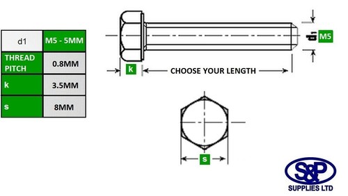 M5 / 5mm FULL THREAD HEX SET BOLT BZP COMPLETE WITH FULL NUT & WASHER ZINC PLT - Picture 2 of 2