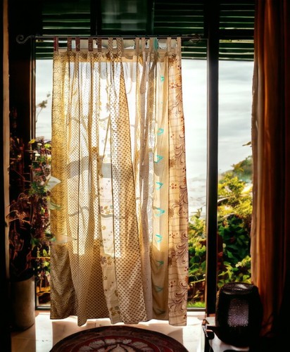 Indian Vintage Sari Patchwork Curtain Drape Window Boho Decor Silk Beige Curtain - Picture 2 of 5