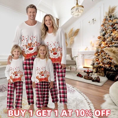 UK Family Matching Christmas Pyjamas Adult Kids Xmas Nightwear Pjs Set Reindeer