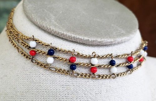 Vtg Red White Blue Glass Bead Gold Tone Choker Necklace Max 15" Adj Figaro Chain - Picture 3 of 8
