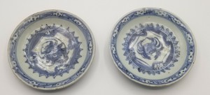 TWO Antique Vintage Blue & White Chinese Small Bowls Common Kiln Crab Motif