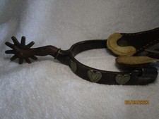 Vintage Cast Iron Hand Made Spurs W/Leather Strap ONE with heart design on side