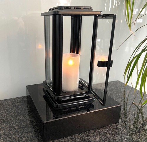 Edelstahl Grablaterne Vase Grablampe Grableuchte Grablicht Sockel Granit Schwarz - Bild 2 von 10