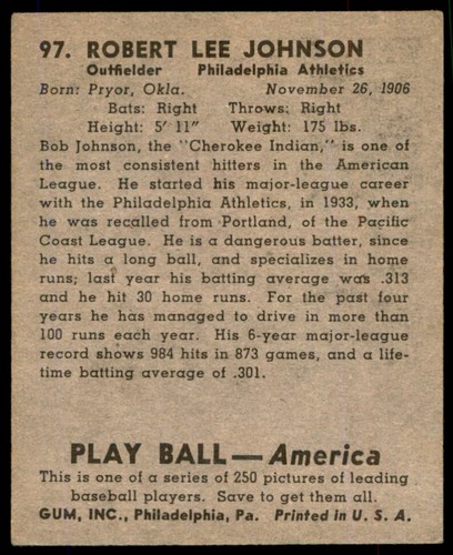 1939 PLAY BALL BOB JOHNSON 97 EX BASEBALL PHILADELPHIA ATHLETICS - Picture 2 of 2