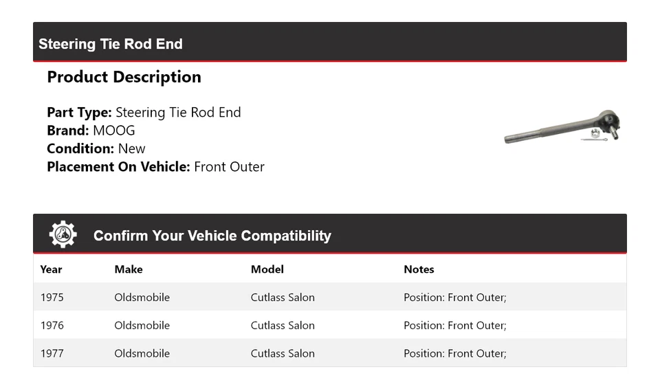 For 1975-1977 Oldsmobile Cutlass Salon Steering Tie Rod End Front Outer MOOG - Image 2 of 4