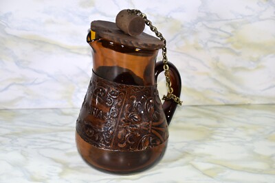 Sangria Amber Glass Pitcher w/Tooled Leather Belt Wooden Lid & Chain Vintage