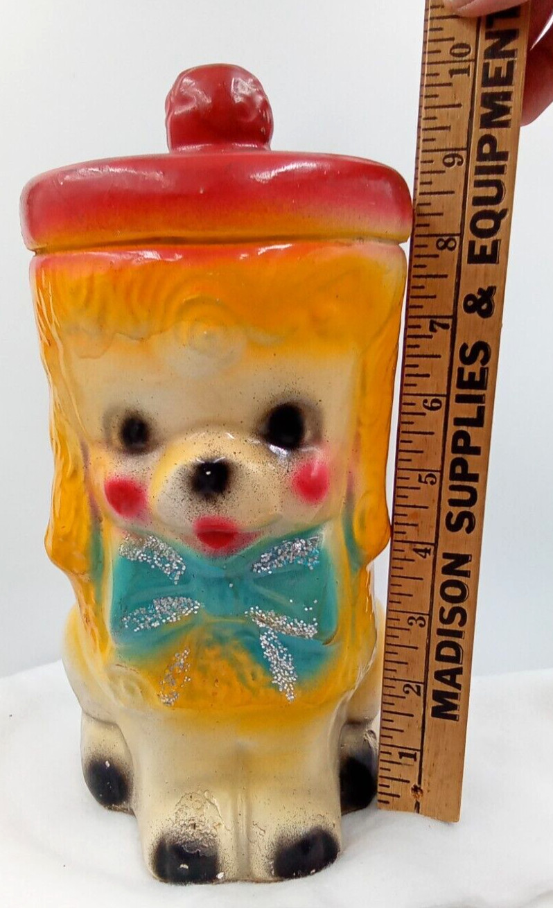 Poodle Chalkware Piggy Bank Dog Blue Sparkly Bow Carnival Prize 1940s Vintage