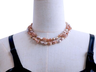 2 strands chip orange sunstone purple baroque freshwater pearl necklace 17-19''