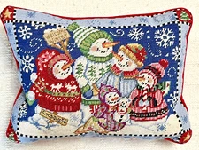 Vintage Tapestry Pillow Welcome Winter Snowmen Family 15"x10" Pillow Christmas