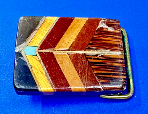 Exotisches Holz Modernist Geometrisches Muster Intarsien Türkis Vintage Gürtelschnalle