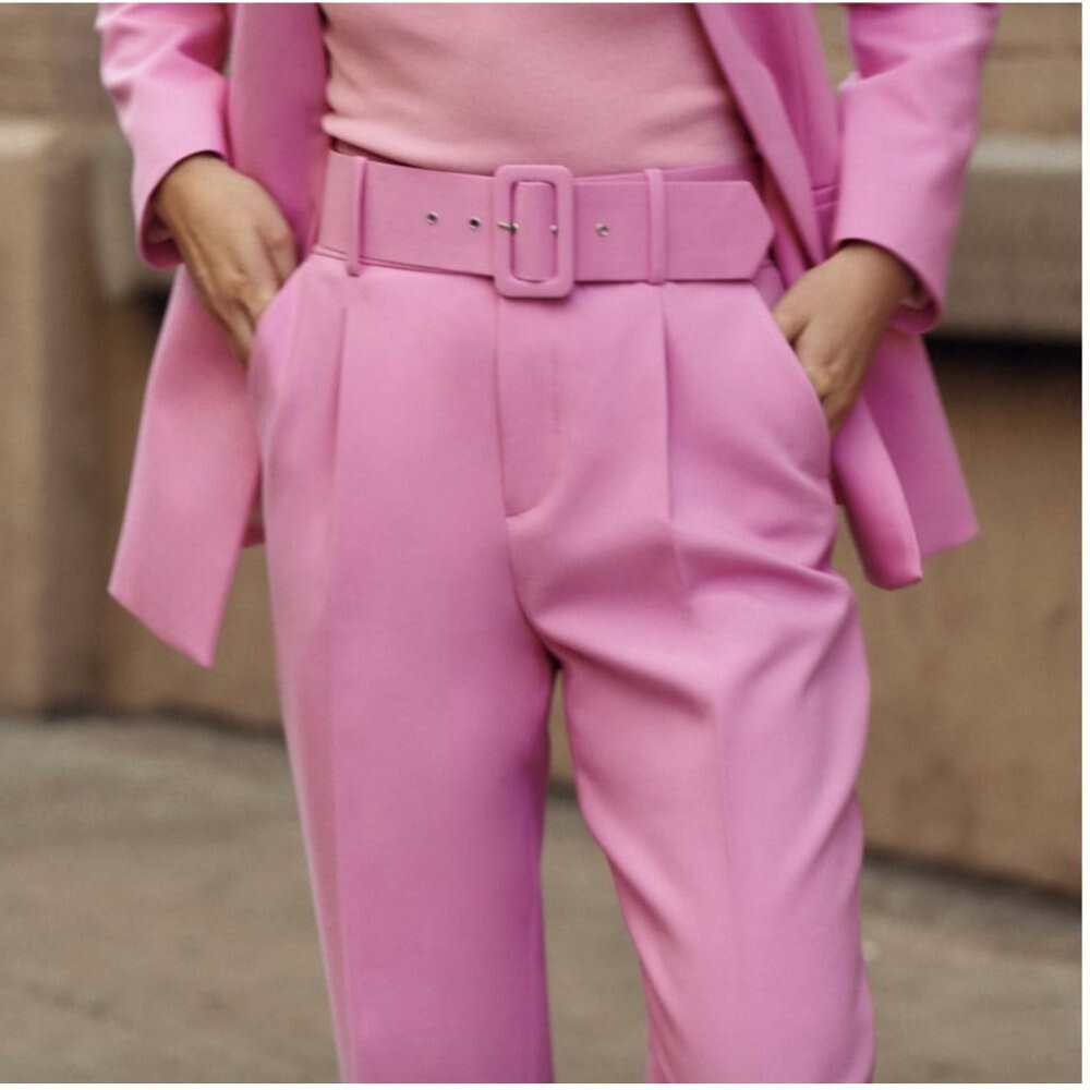 ZARA NEW HIGH-WAISTED PANTS Fabric covered BELT BUBBLEGUM