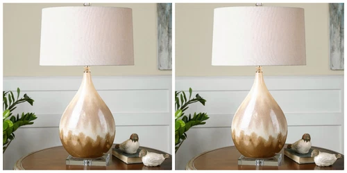 TWO MODERN FLAVIAN 30" METALLIC RUST BEIGE GLAZE TABLE LAMPS CRYSTAL BASE 26171 - Picture 1 of 5