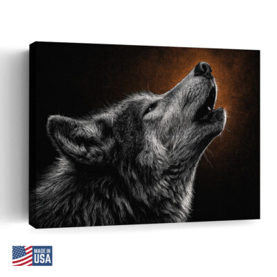Wolf Art on Canvas Wall Picture, Howling Wolf Profile with Dark Background