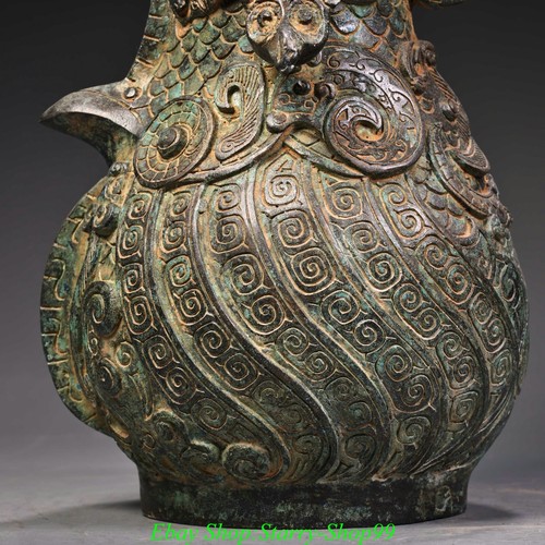 11"Old Warring States Dynasty Bronze Ware Portable Phoenix Bird Beast Pot Kettle - Picture 7 of 15