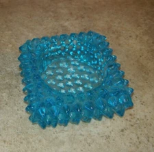 Vtg Fenton Art Glass Square Hobnail Open Salt Cellar Candle Holder Blue Damaged
