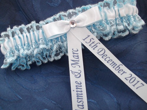 Personalised Blue Bridal Wedding Garter Handmade Crystal Design New In Box - Picture 1 of 5