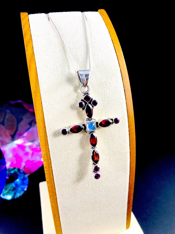 NICKY BUTLER 925 STERLING CHAIN NECKLACE GARNET AMETHYST MOONSTONE CROSS PENDANT - Image 2 of 4