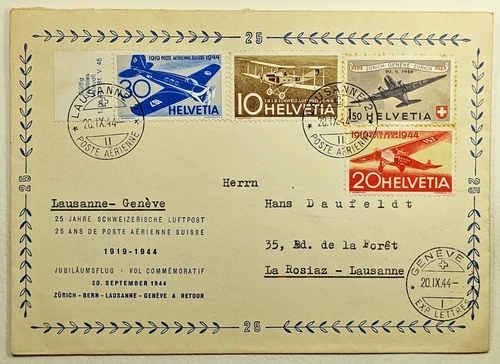 1944 FDC Switzerland 25th Anv. Flight Zurich - Bern - Lausanne - Geneva & Return