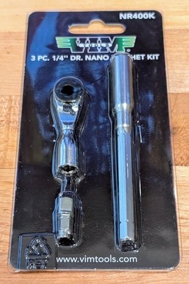 VIM Tools 3pc 1/4'' dr + 1/4'' Hex Stubby Nano Ratchet w/ Extension #NR400K