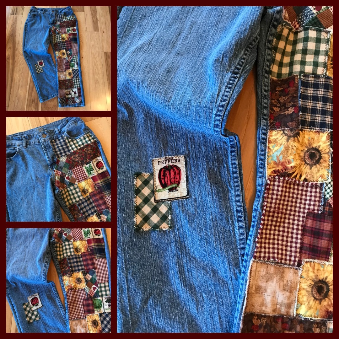 Upcycled Patchwork Jeans, Handmade Sunflower Gard… - image 13