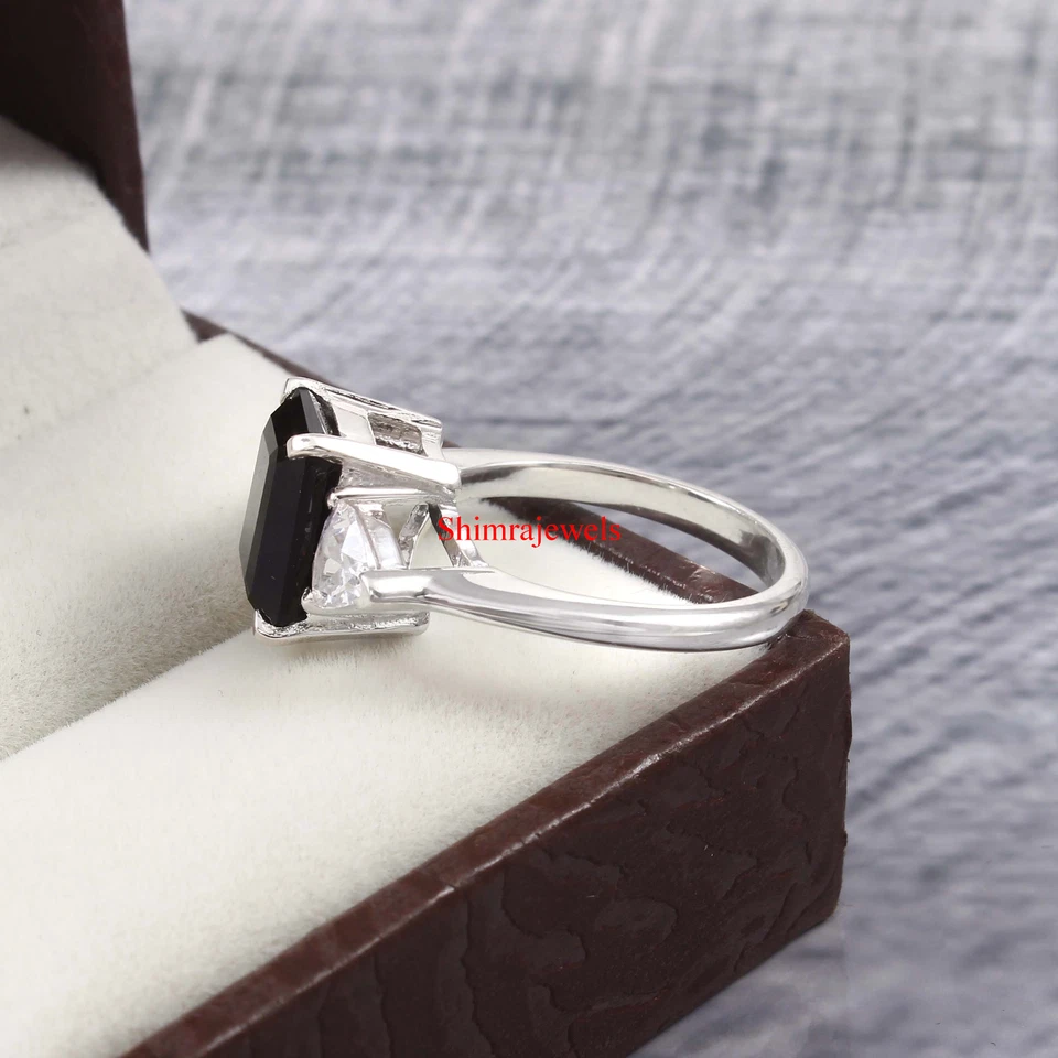 Natural Black Onyx Gemstone With 18k White Gold Plated Silver Women Ring #10 - Image 3 of 4