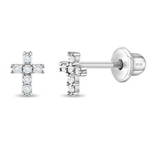 Delicate CZ Cross 6mm Baby / Toddler Earrings Screw Back - Sterling Silver