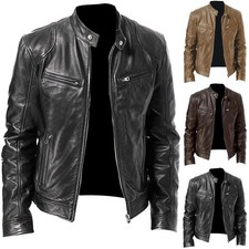 New Men's PU Leather Jacket Zip Coat Stand Collar Motorcycle Jackets Outwear Top