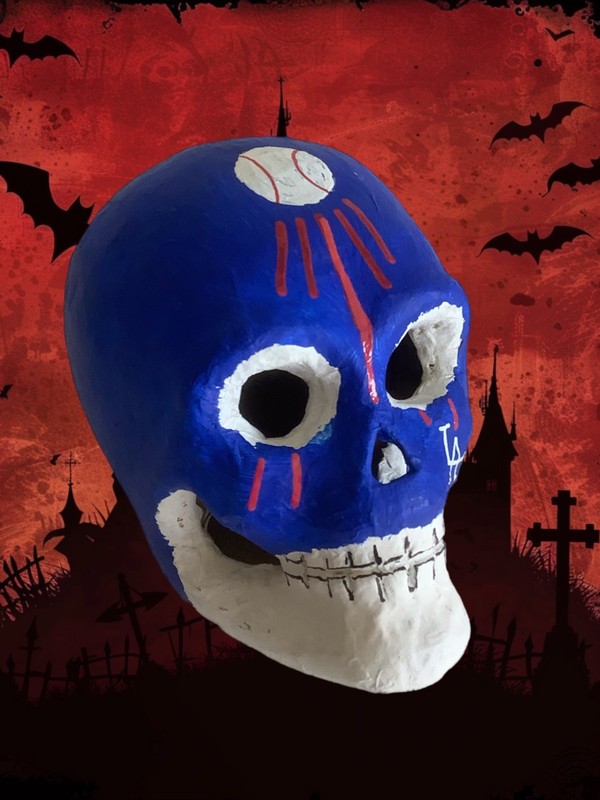 Paper Mache Day of the Dead Skull for Ofrenda - LA Dodgers