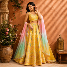 Yellow Lehenga Choli Mirror Embroidery Haldi Mehendi Wedding Party Wear