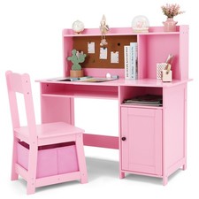 Kids Pink Desk Chair Set Wooden Study Table with Drawer, Shelves and Cabinet