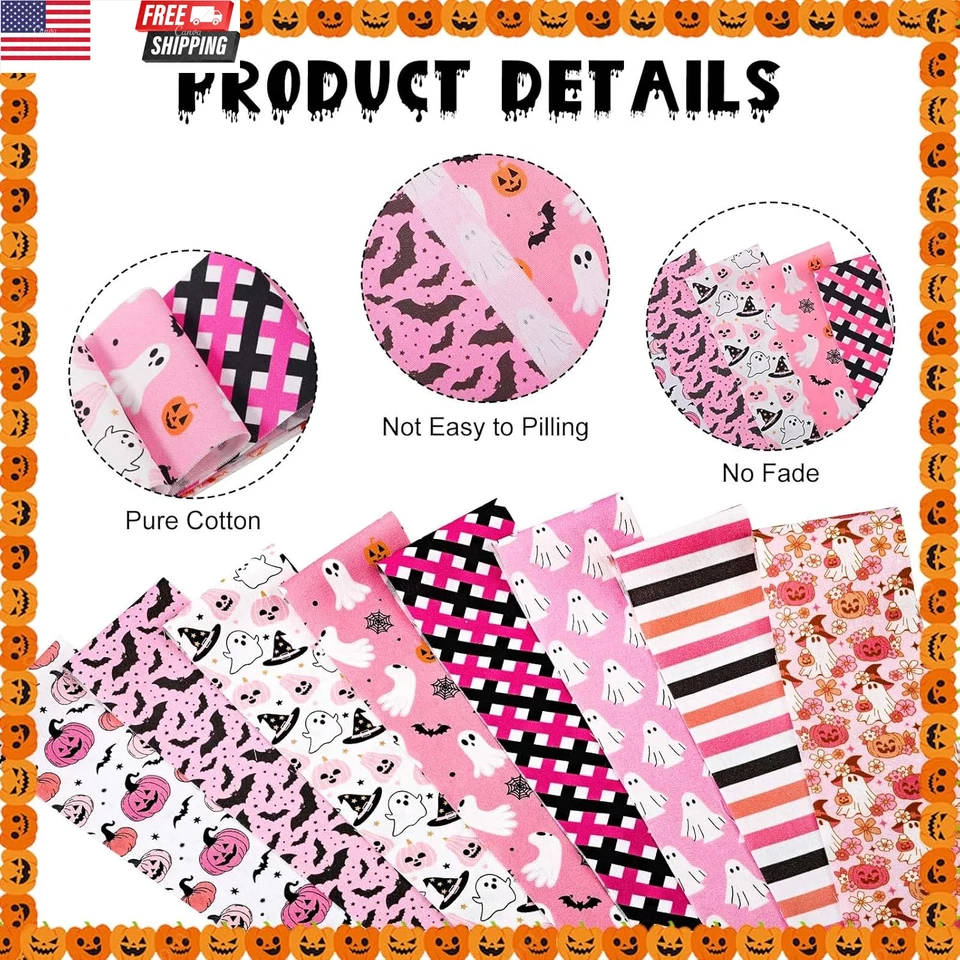 Tiras de tela de gelatina de algodón rosa Halloween 40 piezas tiras de tela de calabaza fantasma murciélago Foto 3 de 4